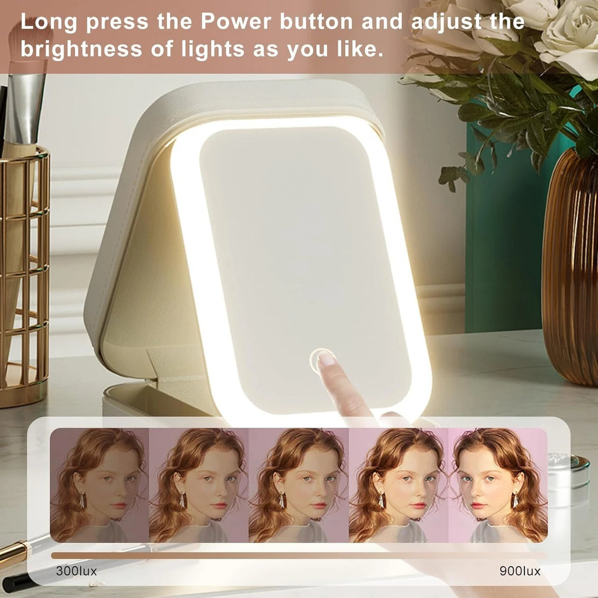 Glow & Go: Pink LED Makeup Mirror with Jewelry Storage Box