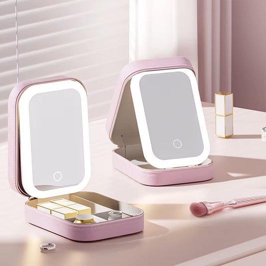 Glow & Go: Pink LED Makeup Mirror with Jewelry Storage Box