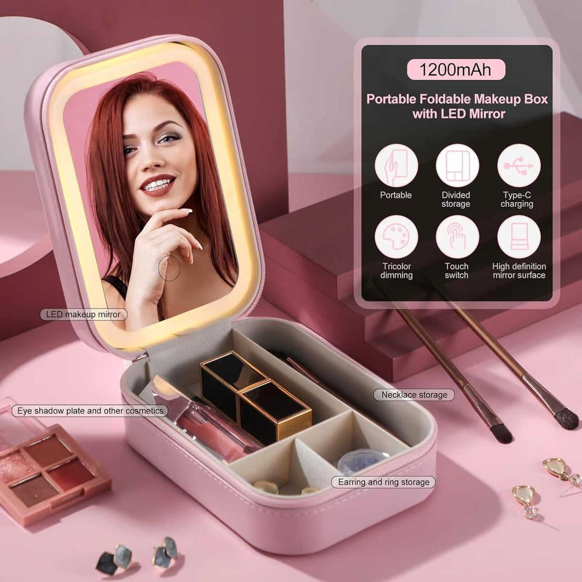 Glow & Go: Pink LED Makeup Mirror with Jewelry Storage Box