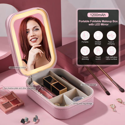 Glow & Go: Pink LED Makeup Mirror with Jewelry Storage Box