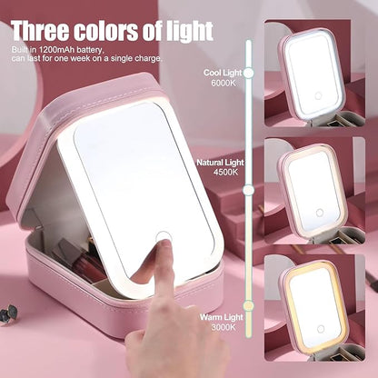 Glow & Go: Pink LED Makeup Mirror with Jewelry Storage Box