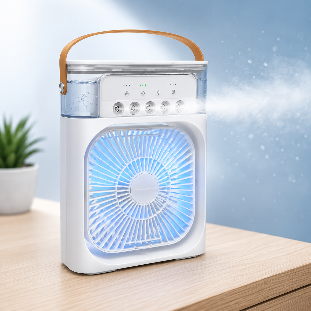 Beat the Heat Instantly – Mini Air Cooler with Mist, 3-in-1 Fan & Night Light | USB Powered